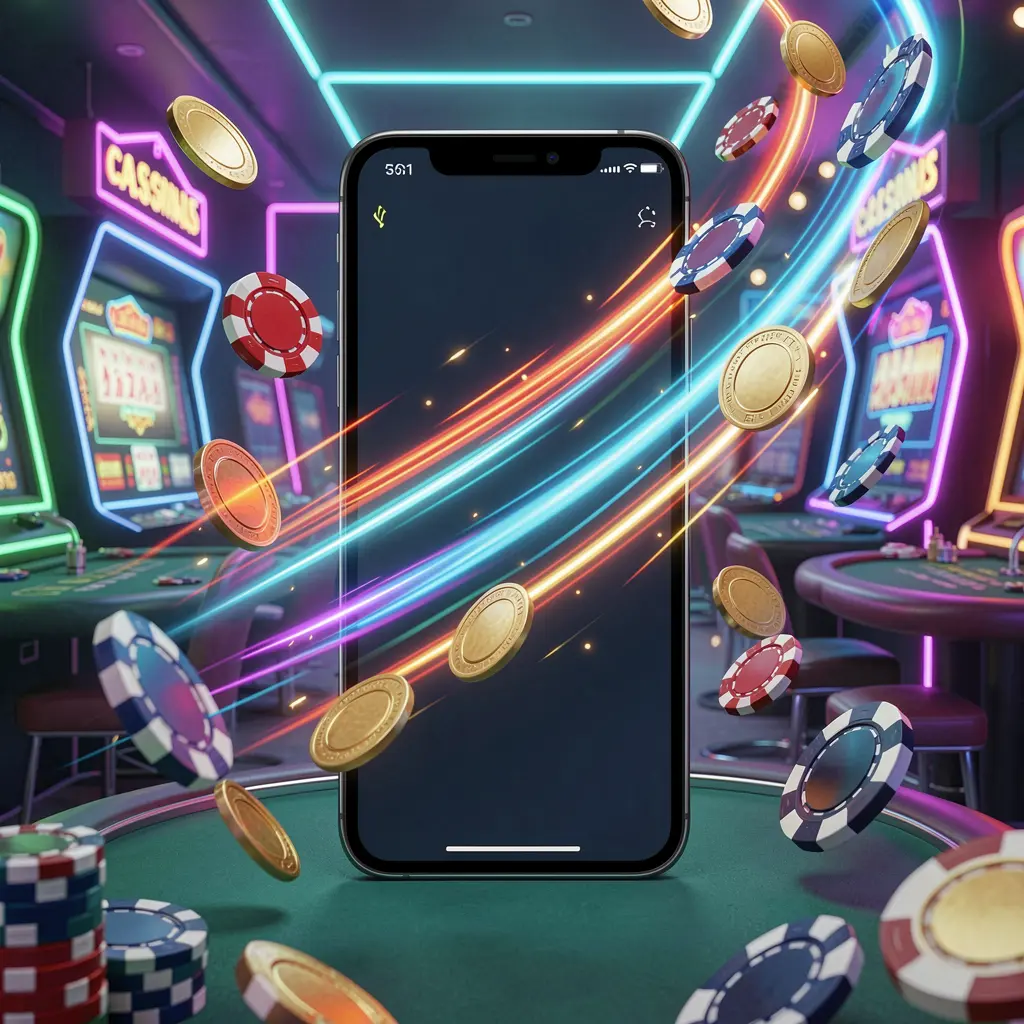 93SR fast casino app access visual featuring a smartphone with speed light trails, coins and chips flying around against a modern neon casino background in a dynamic 3D render