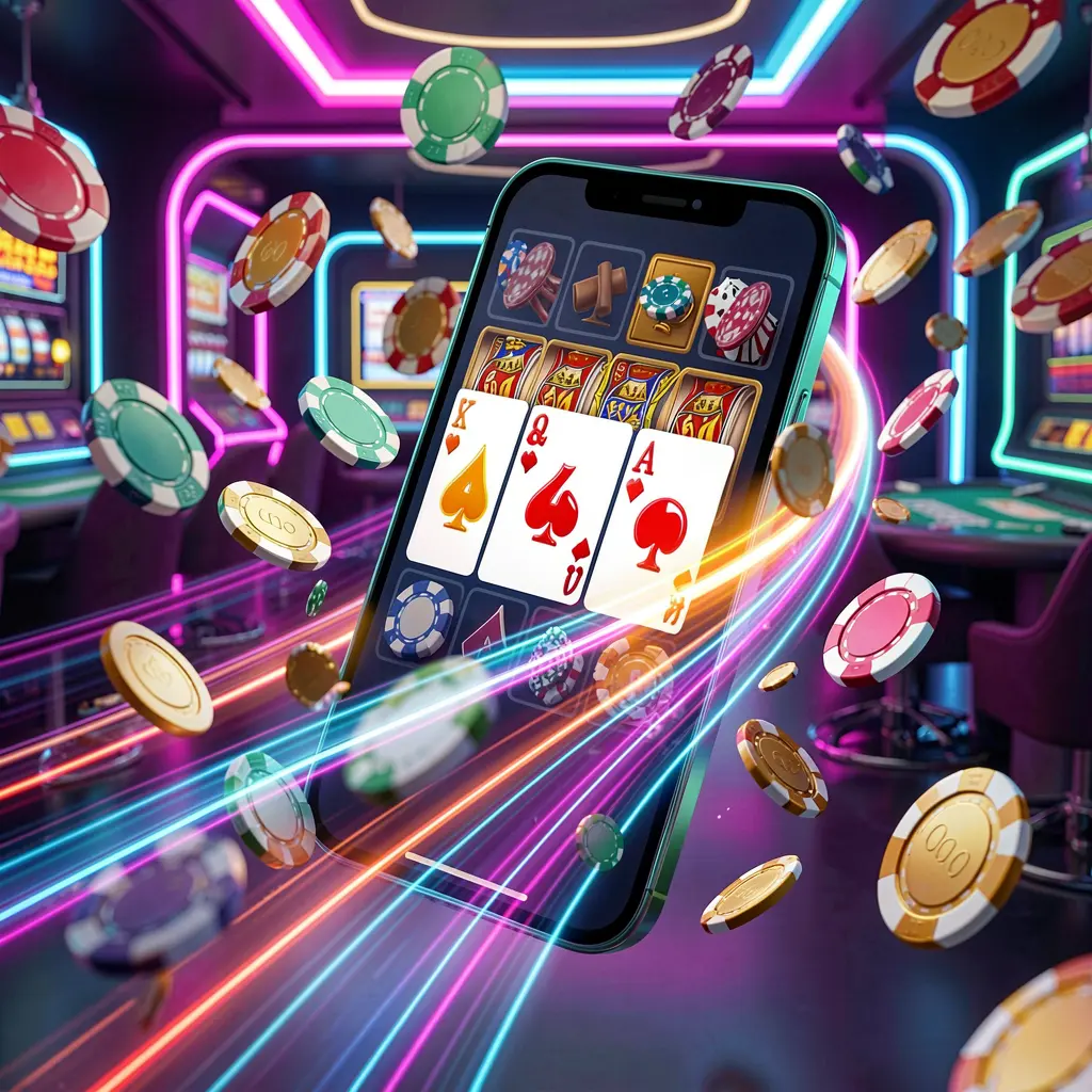 93SR fast casino app access visual showing a smartphone with speed light trails, coins and chips flying around against a modern neon casino background in a dynamic 3D render