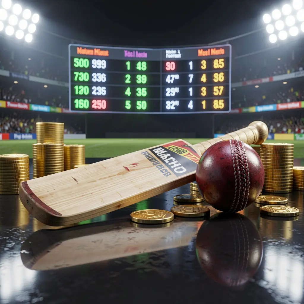 Realistic 3D render of a cricket bat and ball on a glossy dark surface with golden coins, glowing match statistics, and stadium lights, representing 93SR premium sports betting