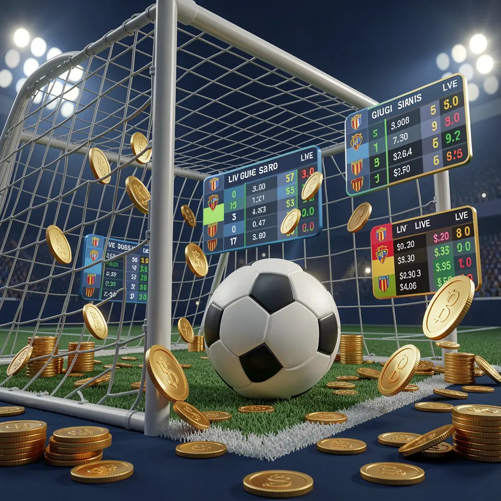 93SR sports betting page featuring a realistic 3D render of a football goal net, soccer ball, stadium lights, coins, and floating live score panels on a dark blue premium background