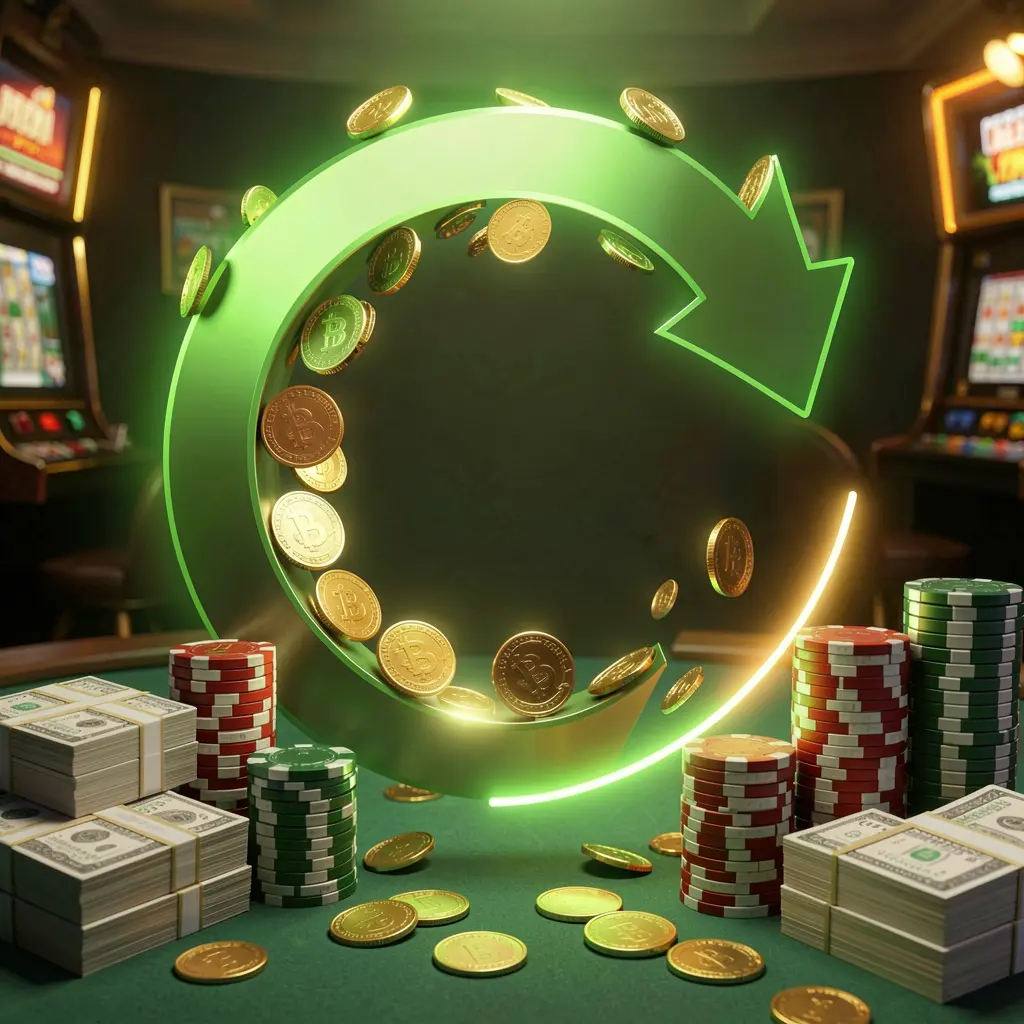 Realistic 3D render of a cashback casino bonus scene featuring coins moving in a circular arrow, stacks of chips, and cash bundles with green and gold glow, highlighting the 93SR brand