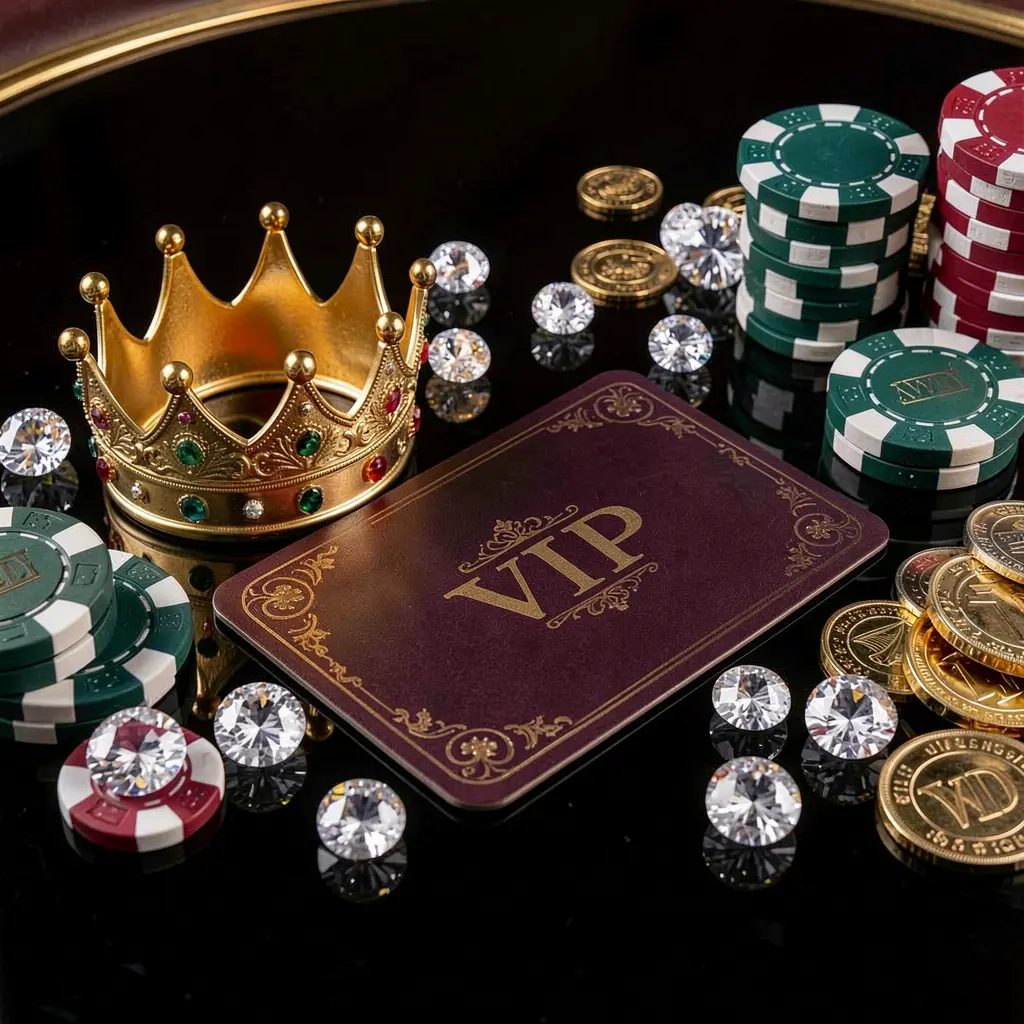 93SR VIP casino bonus concept featuring a golden crown, luxury membership card, poker chips, diamonds, and coins arranged on a glossy black table in an elegant premium style
