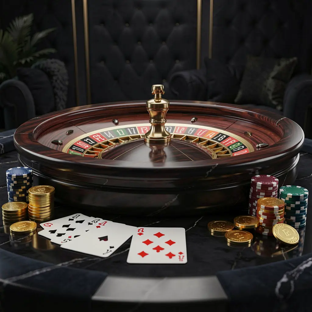 Realistic 3D illustration of a modern online casino scene featuring a roulette wheel, playing cards, poker chips, and golden coins on a glossy table with a dark luxury background, showcasing the 93SR brand experience