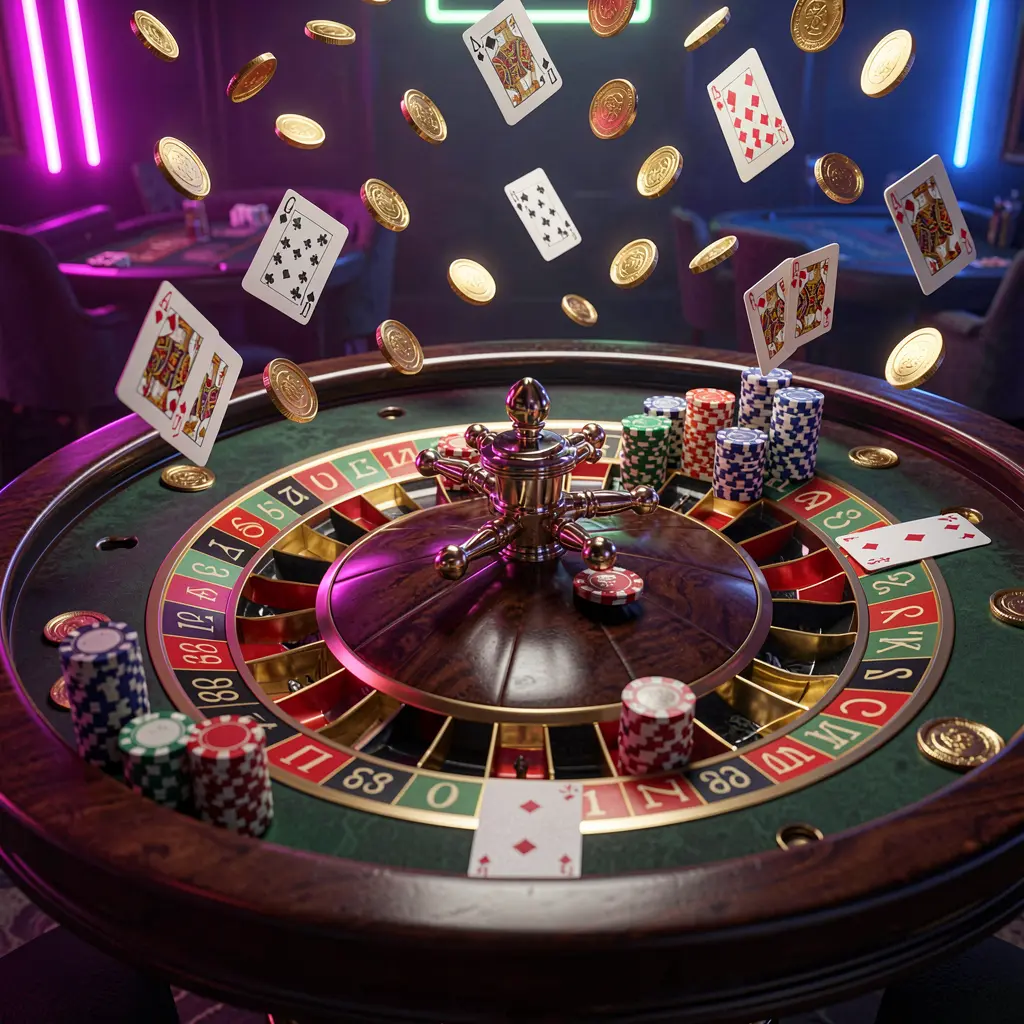 Elegant 93SR casino roulette table with chips, cards, and golden coins flying in the air under dramatic neon lighting in a high detail 3D render