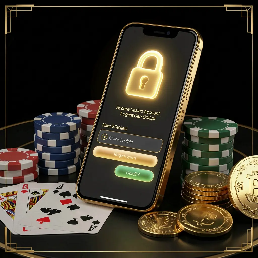 93SR secure casino account login concept with glowing lock icon on smartphone screen surrounded by poker chips, playing cards, and golden coins on an elegant black and gold background