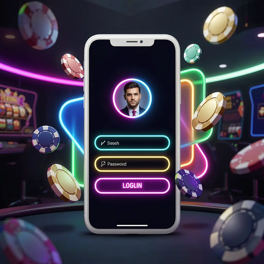 93SR mobile casino login screen with phone showing user profile and password fields as abstract UI shapes, neon glow, chips and coins flying around in a dark premium casino atmosphere