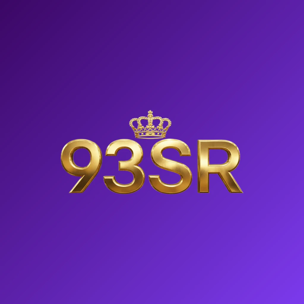 93SR luxury brand logo with gold metallic finish and a crown above the letters, designed as a horizontal rectangular wordmark with a transparent background
