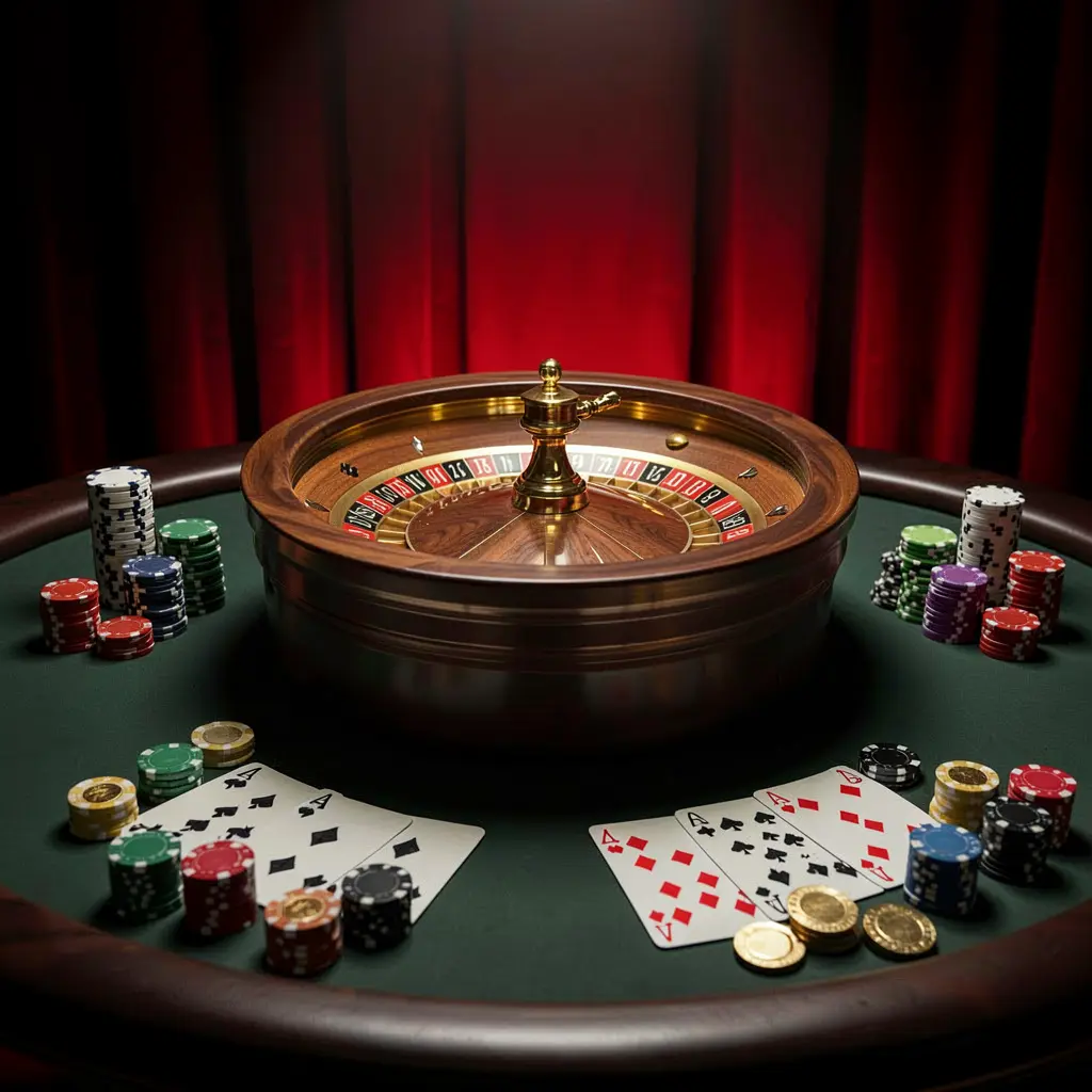 Elegant online casino gaming table featuring roulette, blackjack cards, poker chips, and coins with luxury cinematic lighting on a black and red background, showcasing the 93SR brand